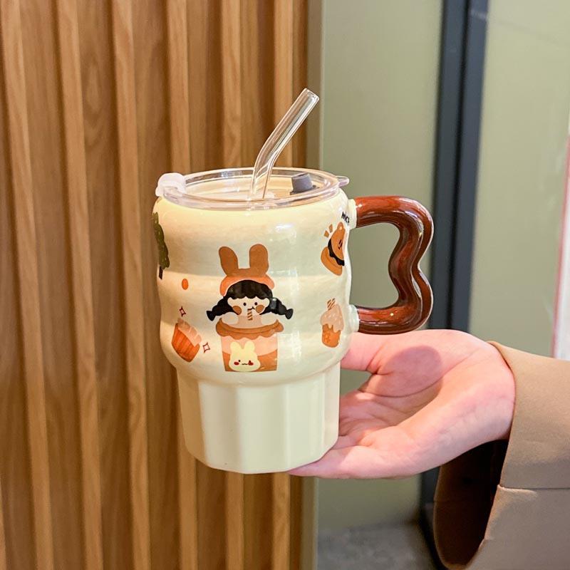 Birthday gift for girls, retro girl straw ceramic cup, cute mug with lid, girlfriend's souvenir gift box.