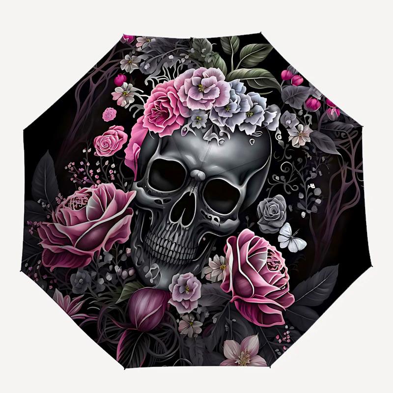 

1pc Skull Flowers umbrella with 8 iron ribs and a plastic handle, automatic opening and closing, portable and foldable1086