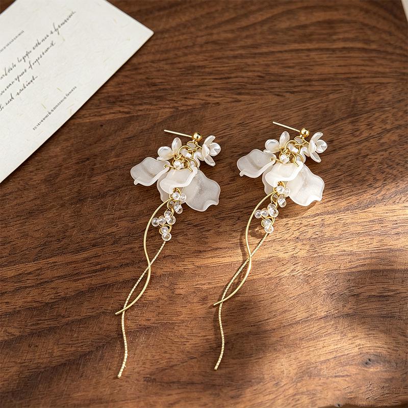 Elegant Long Petal Tassel Earrings for Women - French Luxury Resort Style