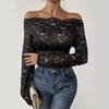 Scallop Neck Edge One-Line Collar Strapless Single-Layered Lace Slim T-Shirt Long Sleeve Tops Versatile Closet Essential Fashion Items Shirt