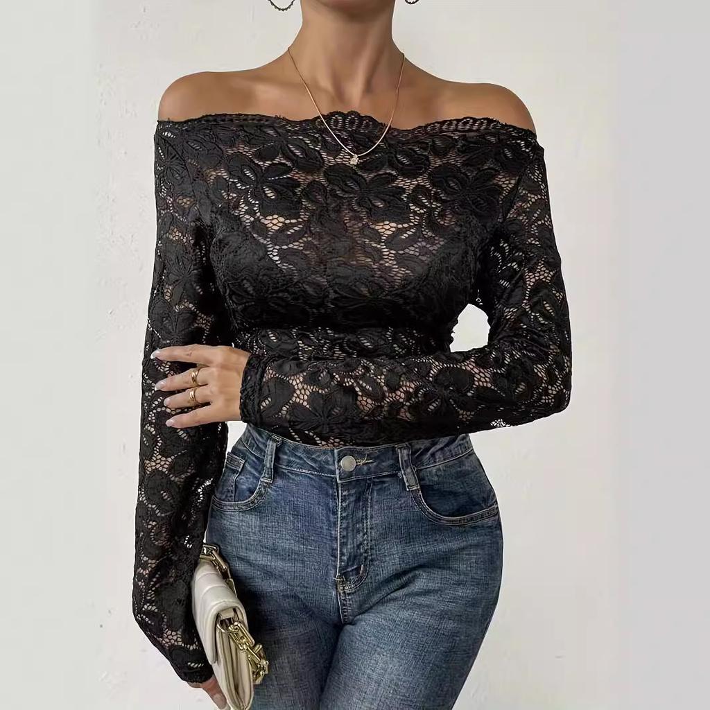 Scallop Neck Edge One-Line Collar Strapless Single-Layered Lace Slim T-Shirt Long Sleeve Tops Versatile Closet Essential Fashion Items Shirt