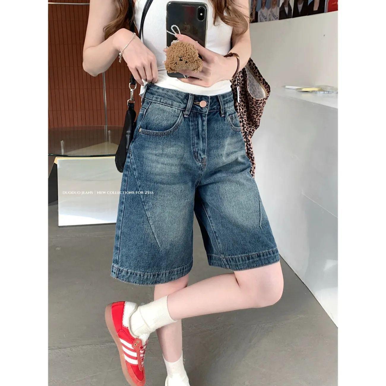2026 Retro High-Waisted Loose Denim Shorts for Women - Summer Spicy Girl Casual Mid-Length Straight-Leg Pants S