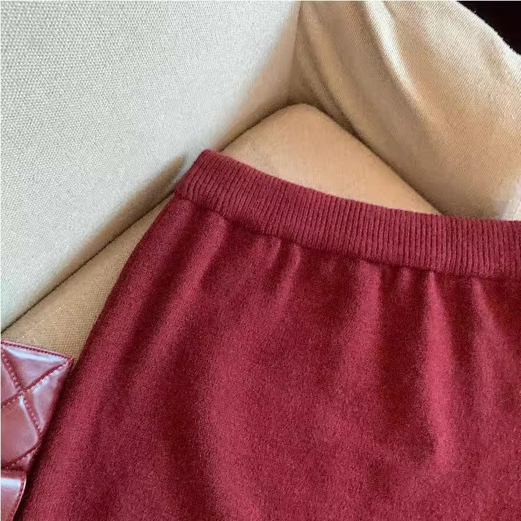 Pure Desire Koreanischer dicker Strick-Midirock - Herbst/Winter Retro Elastischer hoher Bund, Petite A-Linie Bodycon für Damen