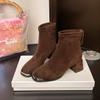 Fashion French Retro Elastic Ankle Boots Suede Thick Heeled Temperament Women's Shoes Suede Back Zipper Square Toe Short Botas Female