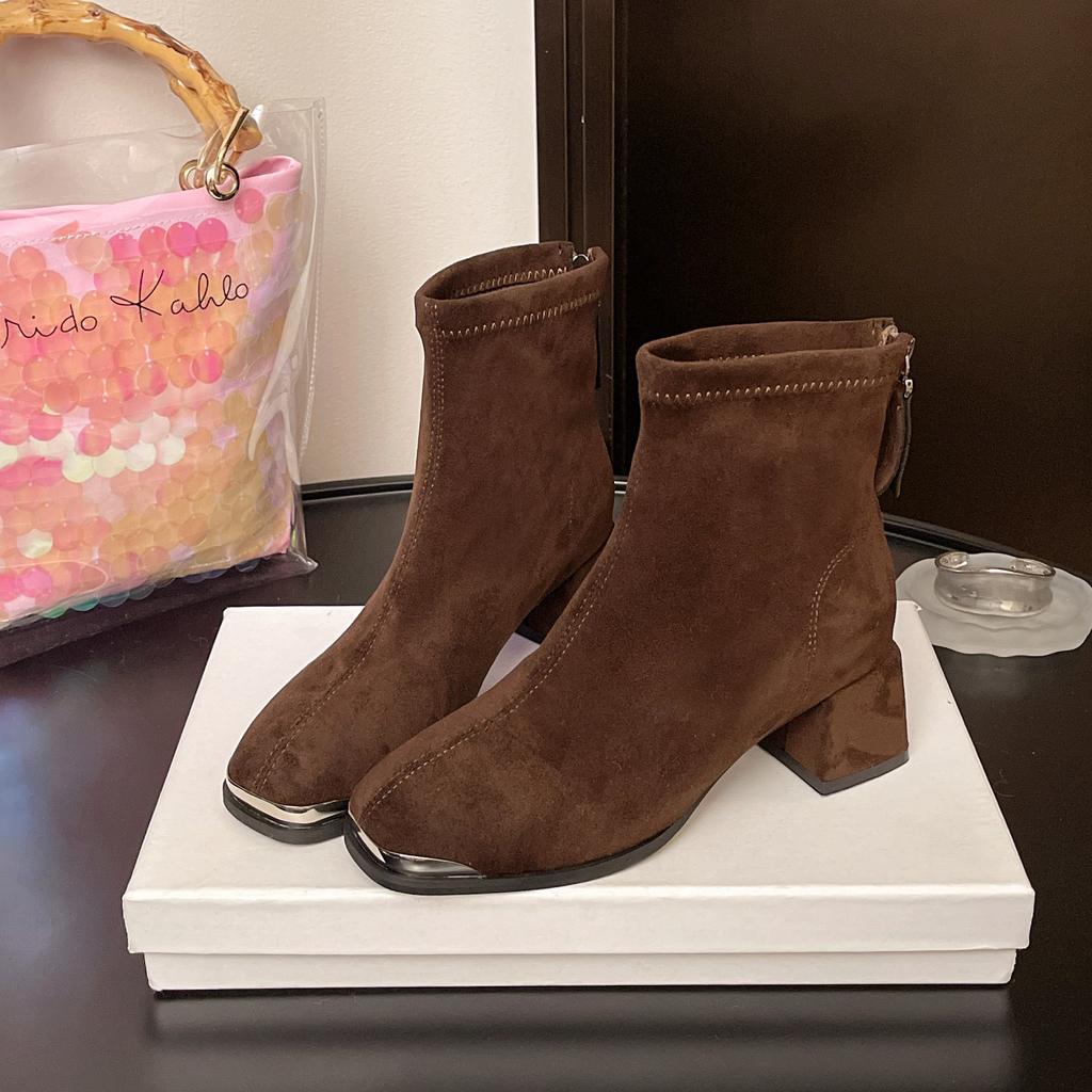 Fashion French Retro Elastic Ankle Boots Suede Thick Heeled Temperament Women's Shoes Suede Back Zipper Square Toe Short Botas Female