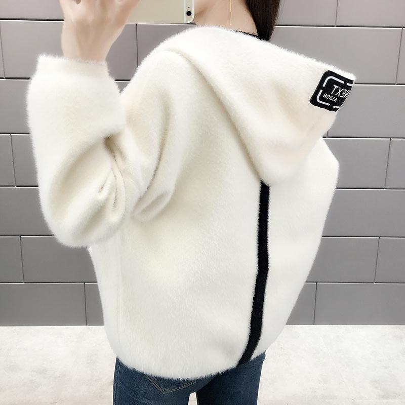 Women's Short Coat New Hooded Mink Velvet Outer Cardigan Spring and Autumn Loose Versatile Sweater Jacket