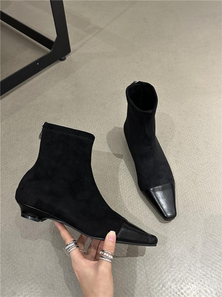 French Splicing Square Head Thick Heel Short Boots Women's 2025 Autumn and Winter New Suede Temperament Medium Heel Thin Boots Socks Boots Women's B