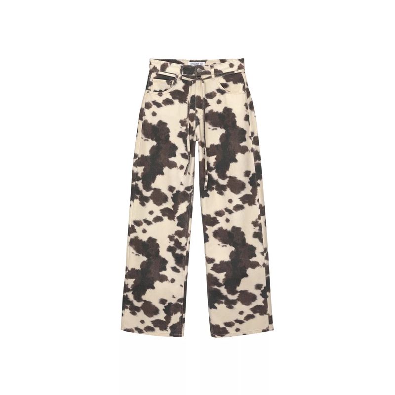 

Джинсы с коровьим принтом Американский винтаж Джинсы с коровьим принтом для мужчин и женщин Потертые Свободные Прямые Выстиранные Milk grain S