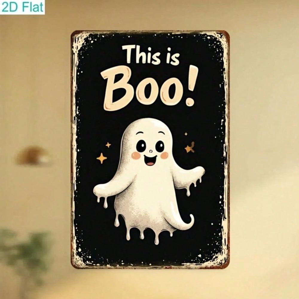 Spooky Boo Ghost Metal Tin Sign, Vintage Farmhouse Halloween Wall Art, 2D Decor for Kitchen, Garage, Bar, Cafe