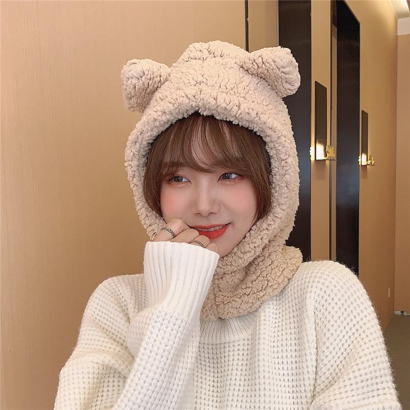Bear hat women's winter scarf gloves three-piece cotton fleece integrated hooded cute thickened warm ear protector cotton hat