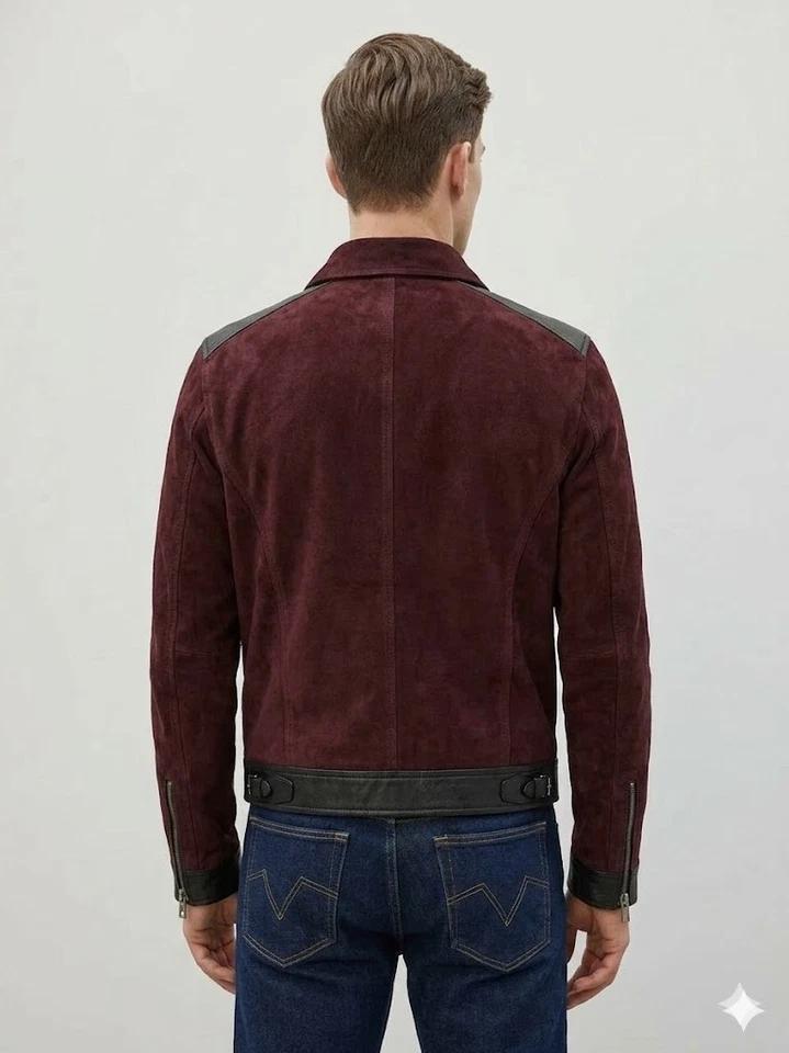 Stylish Men's Biker Handmade Suede Lambskin Leather Motorcycle Jacket Burgundy