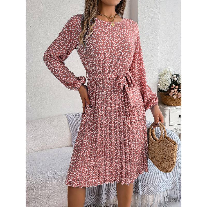 Women's Fashion Spring Fall Flower Pattern Print Long Sleeve O-Neck High Waist Casual Dresses