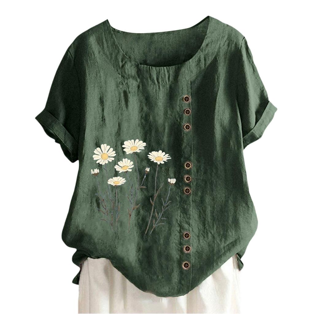 Mote dame avslappet rund hals kort erm bomull og lin trykt t-skjorte topp