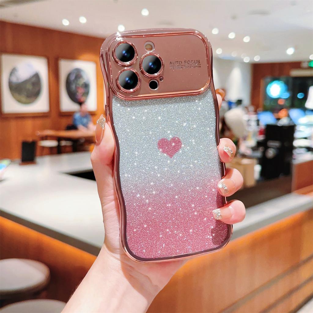 For iPhone 16 Pro Max Case Love Heart Gradient Glitter TPU Phone Cover Electroplating Curly Frame