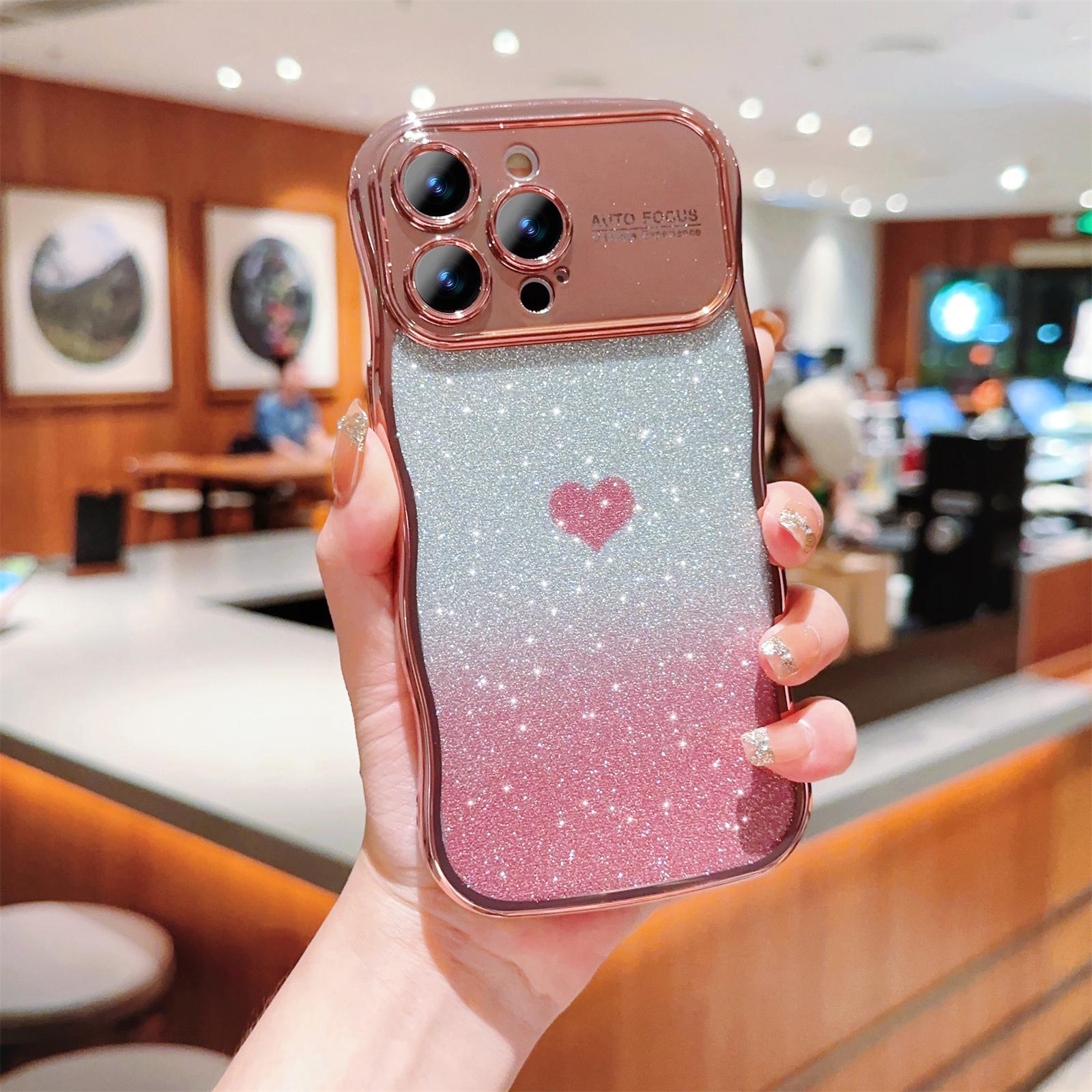 For iPhone 16 Pro Max Case Love Heart Gradient Glitter TPU Phone Cover Electroplating Curly Frame B