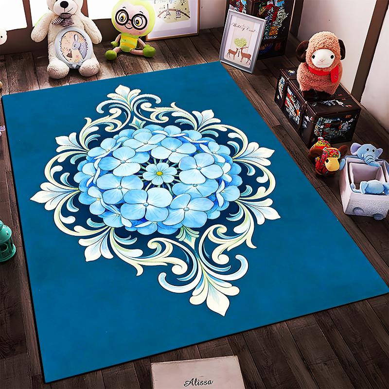Blaues Blumen-Mandala-Design Teppich, Elegante Heimdekoration, Wohnzimmerteppich Geeignet für die Verwendung als Antirutsch für Wohnzimmer Schlafzimmer Sofas