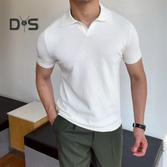 Pánské letní tričko s krátkým rukávem, ohrnutým límcem, výstřihem do V, jednobarevný volný svetr, střední délky, pro obchodní příležitosti, kancelář, randění