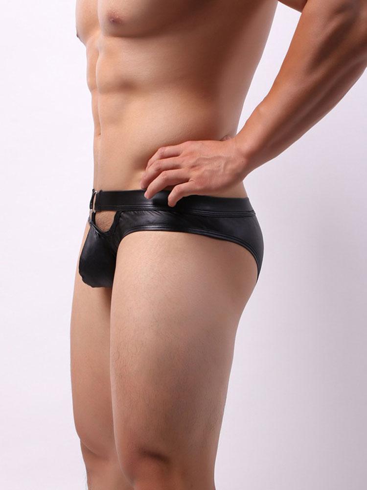 Sexy Men'S Pu Leather Panties Rear Hollow Out Butt Porn Low Waist Briefs Man Lingeries Sissy Wear Erotic Underwear   U Pouch