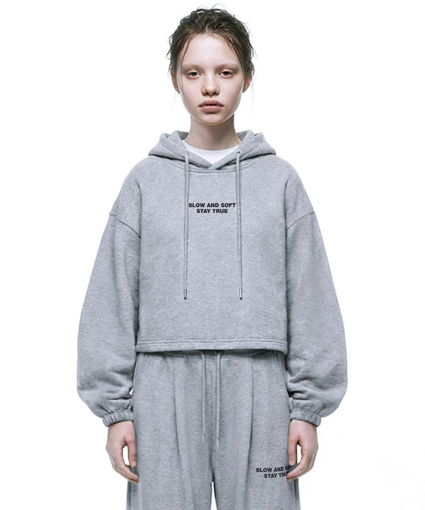 Small Slow And Soft String Oversized Crop Hoodie - Melange
