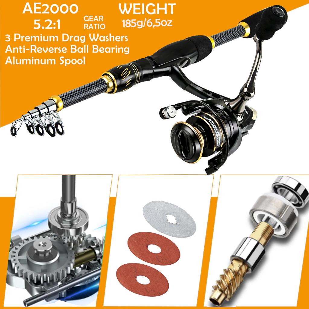 Fiskeredskap Set 5.2:Spinnrulle med 1 utväxling 1,8/2,1m Teleskopiskt fiskespö Paket med betestillbehör för sötvatten och saltvatten