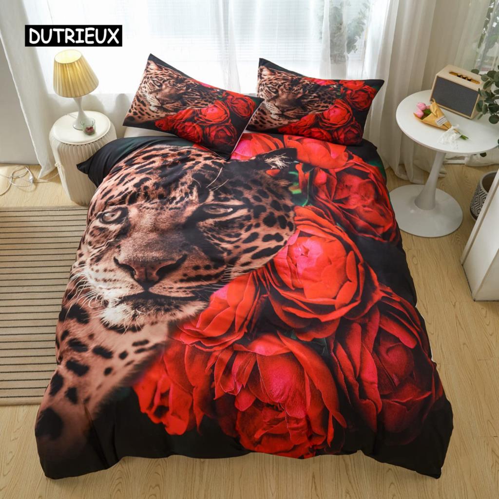Leopard Comforter Cover King Queen Full Cheetah Bedding Set African Savanna Animal Duvet Cover Rose Flower Polyester Quilt Cover