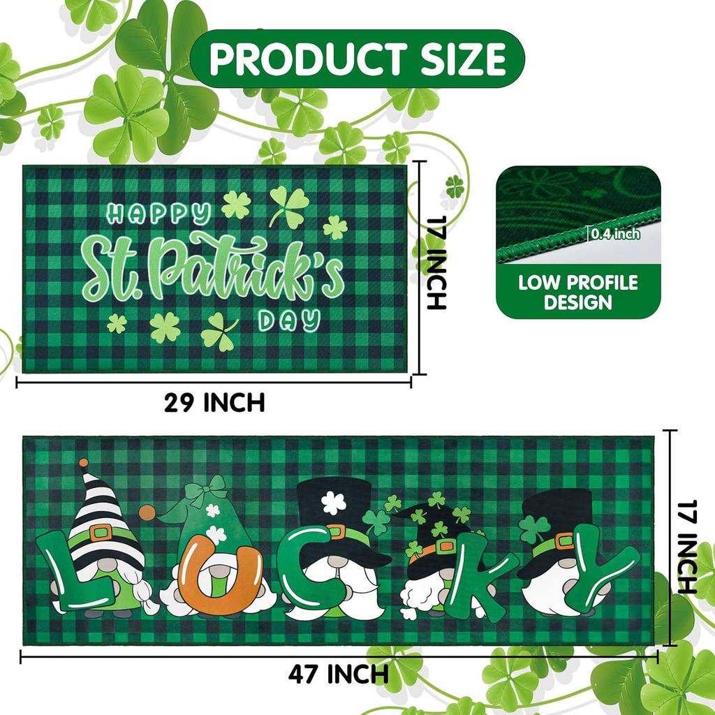 St. Patrick's Day Kitchen Rugs Sets of 2 Lucky Shamrock Gnomes Kitchen Mat St Patricks Day Floor Decorations Non Skid Washable Buffalo Plaid Mats for