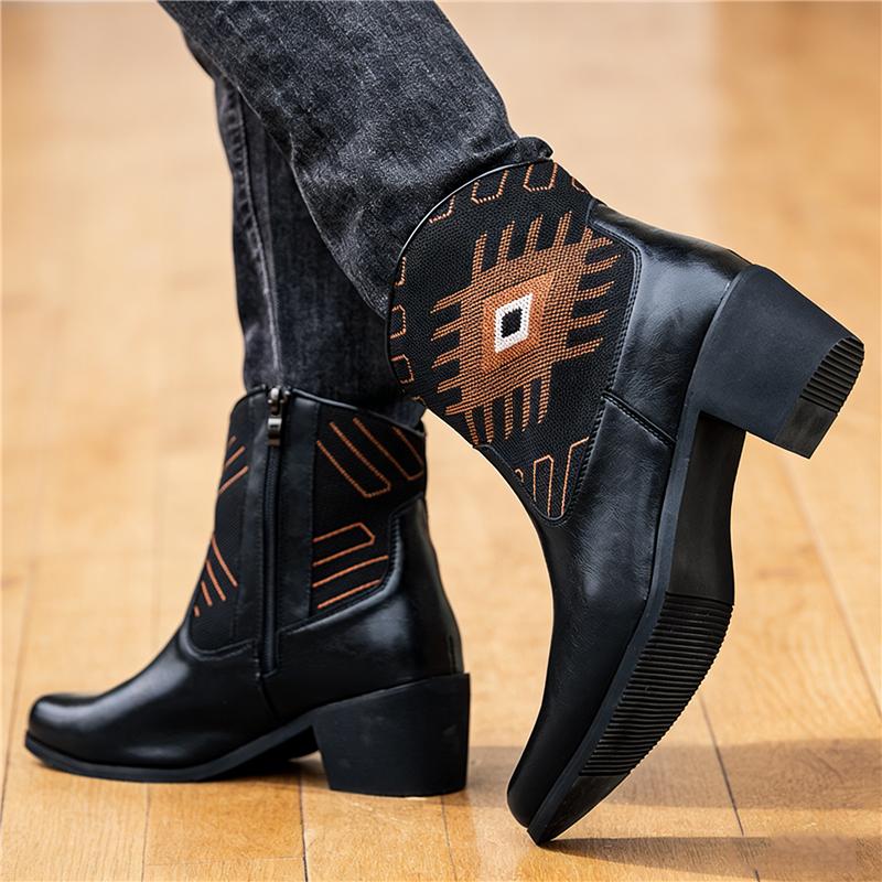 Trendy New Winter Men's Pointed Bohemia Patchwork Motorcycle Casual Ankle Boot Male High Tops New Comfortable Leather Shoes