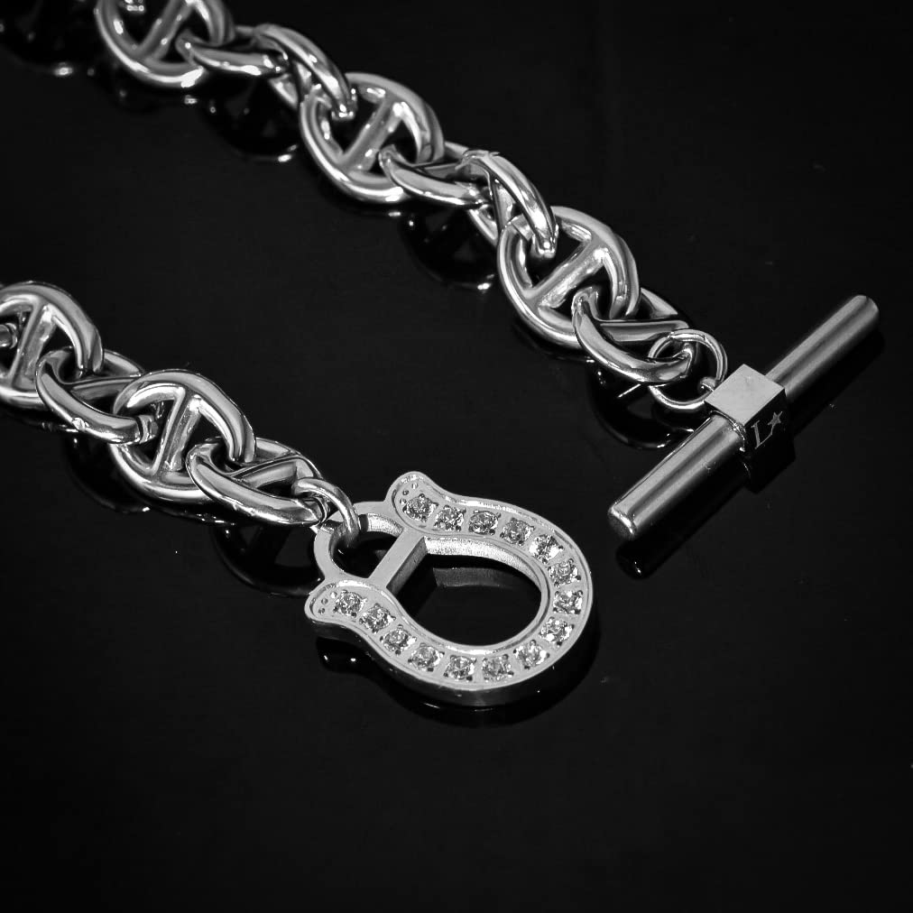 [Lucliss] Horseshoe Anchor Chain Bracelet, Zirconia, Surgical Stainless Steel 316L, Silver