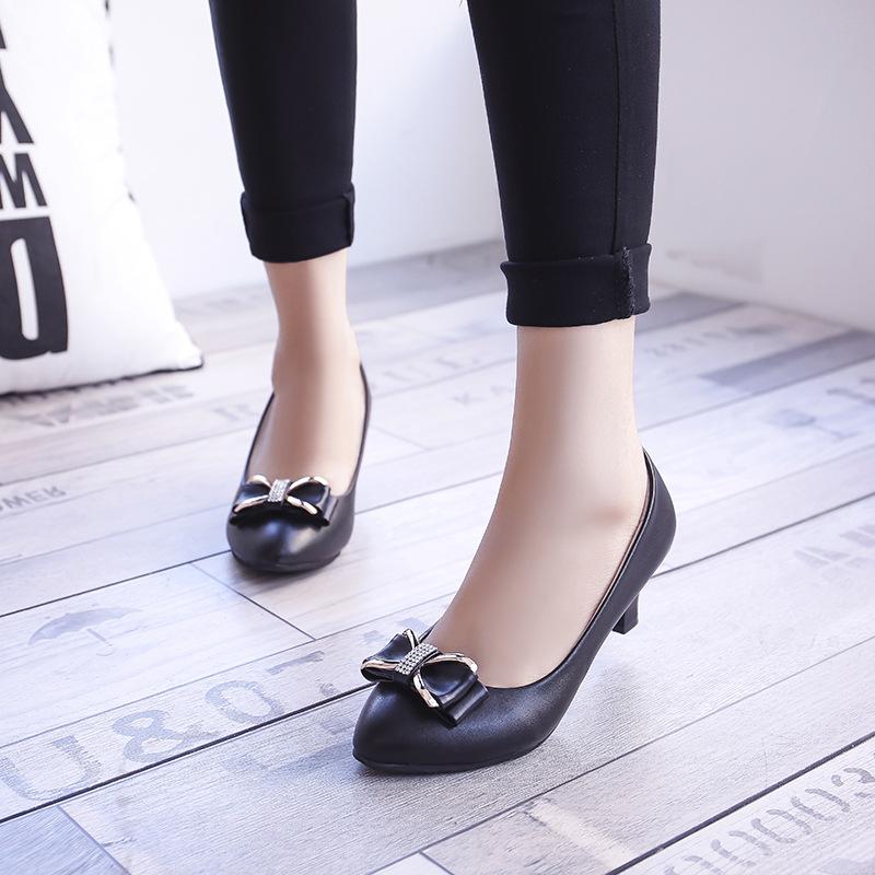 Spring and Autumn Versatile Single Shoes Women's Large Size Shallow Mouth Work High Heel Fashion Bow Women's Small Leather Shoes Commuter Women's S