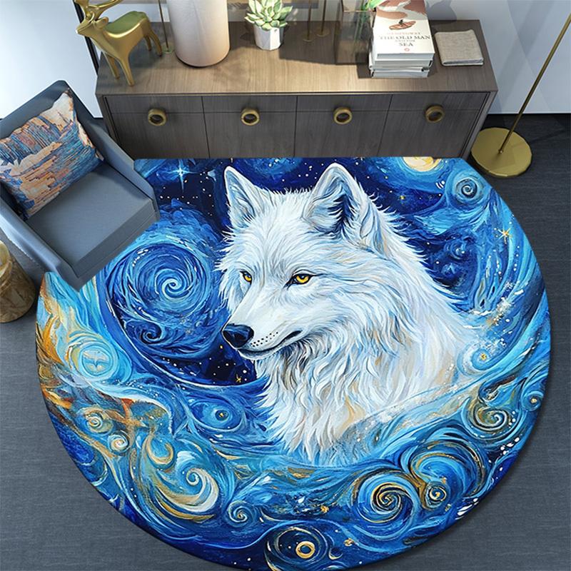 White Wolf Round Area Rug,Carpet Rug for Living Room Bedroom Sofa Playroom Decor,Non-slip Floor Mat