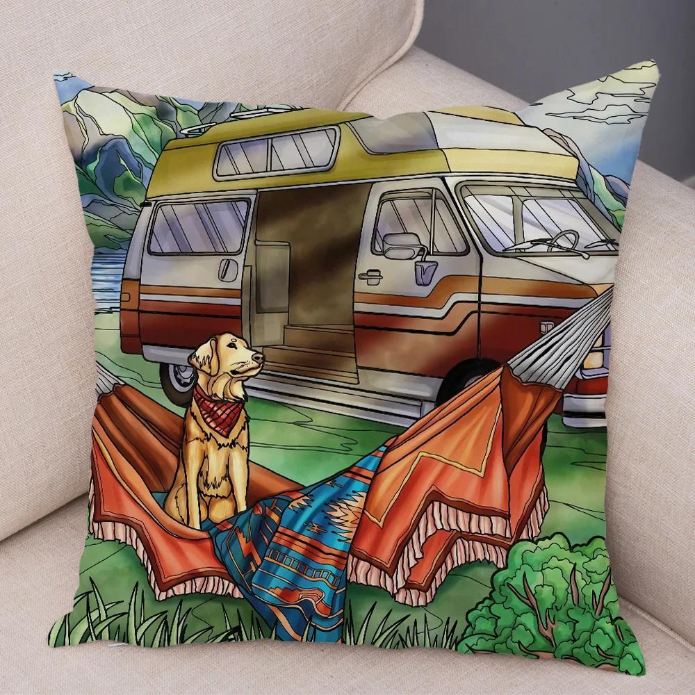 Both Sides Pillow Case Decor Happy Camper Cartoon House Travel Car Cushion Cover for Sofa Home Super Soft Plush Pillowcase