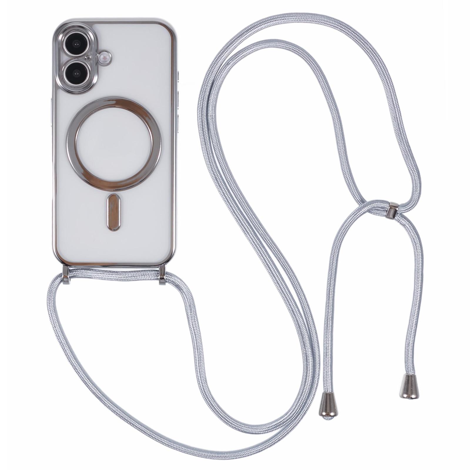 

For iPhone 16 Case Compatible with MagSafe Electroplating TPU Cellphone Protector with Long Lanyard Silver