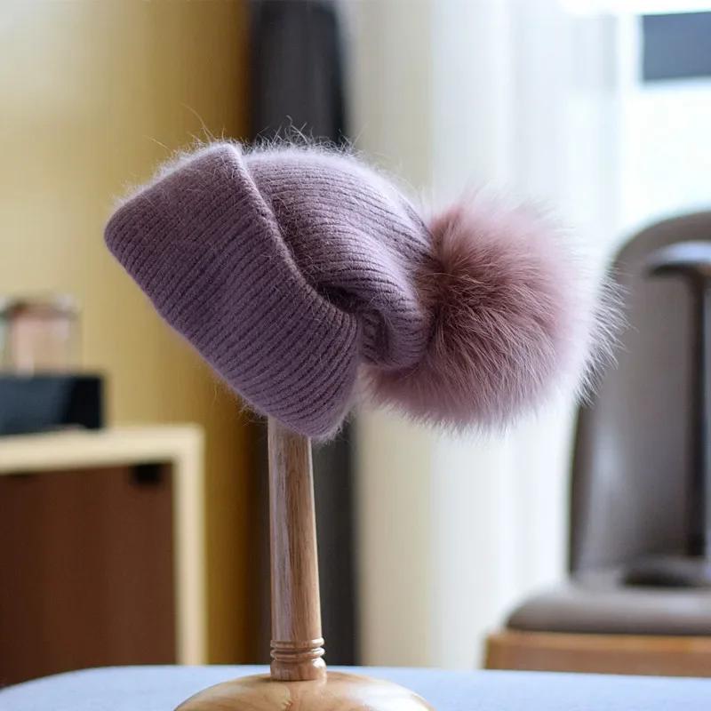 New Rabbit Fur Knitted Hats For Women Real Fox Fur Pom Poms Hat Large Pompom Outdoor Warm Skullies Beanie Winter Hat Christmas
