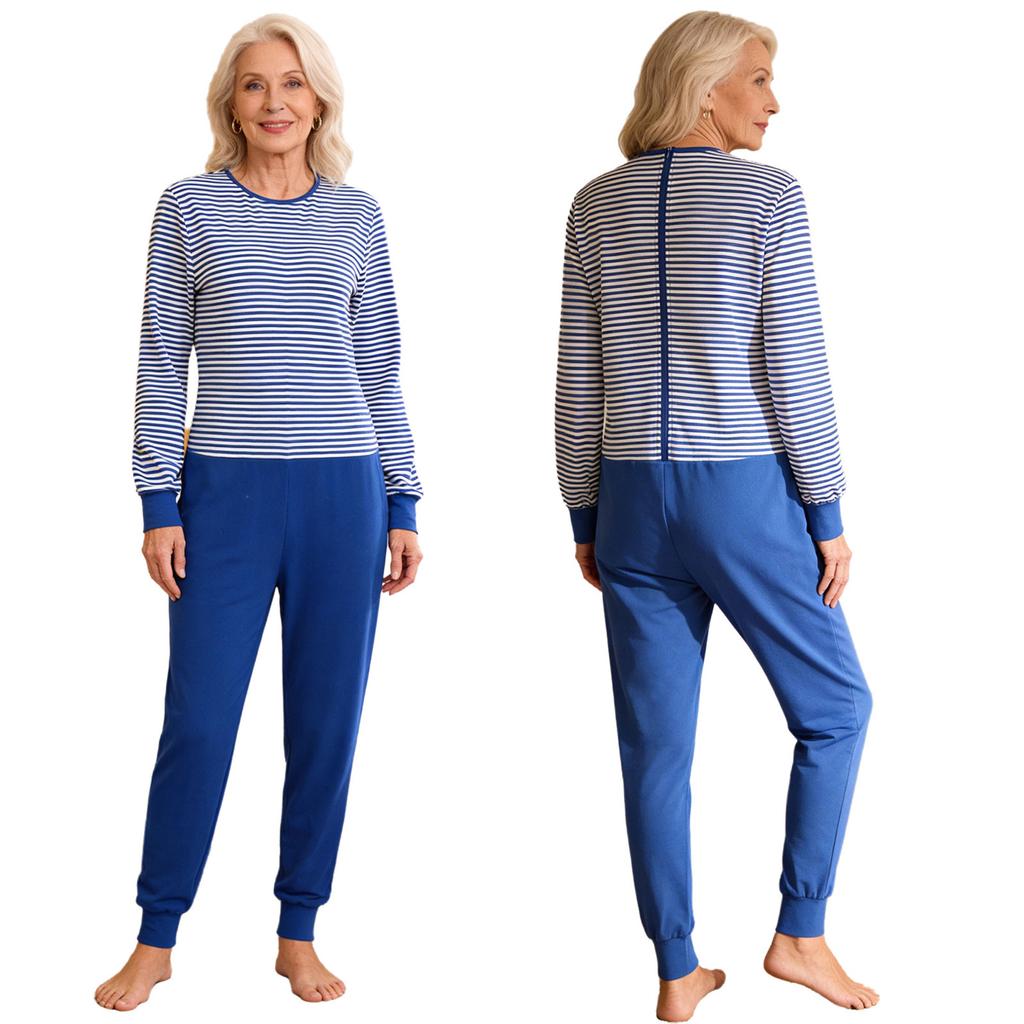 S-XXL Damen Ältere Alzheimer Pflege Gestreifter Overall Langarm Reißverschluss hinten und an den Beinen Anti-strip Body für besondere Pflegebedürfnisse