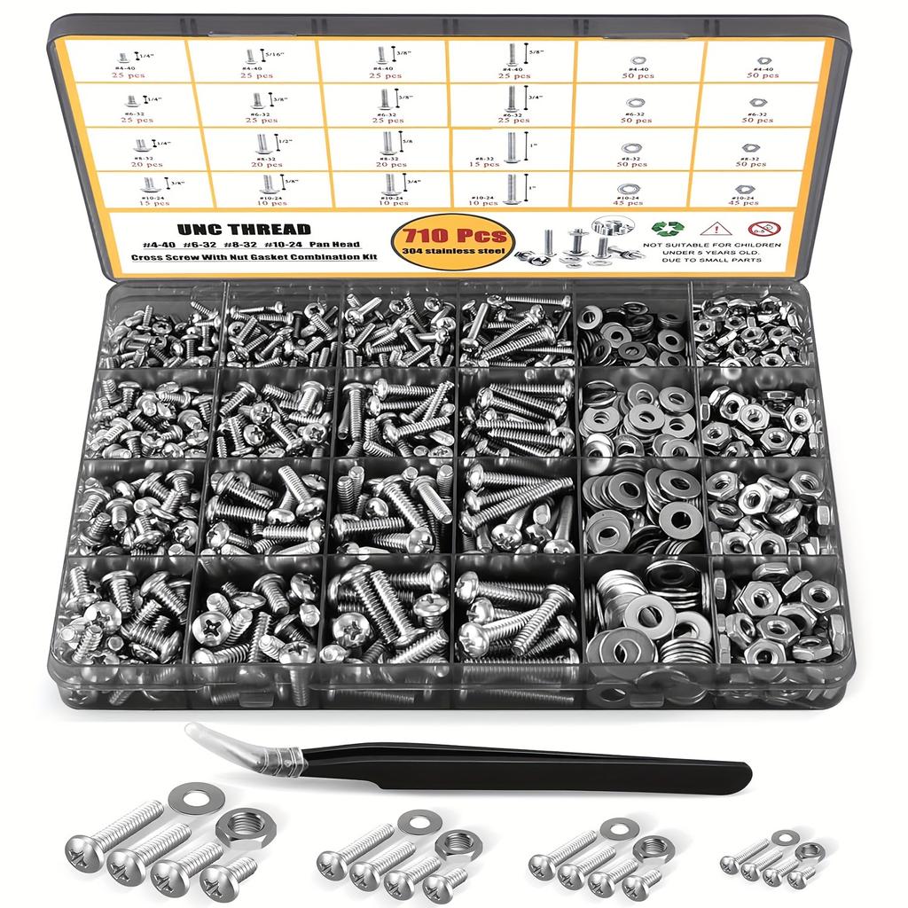 710pcs Stainless Steel Nuts & Bolts Kit with Flat Washers, Phillips Pan Head, #4 To #10 Sizes In Durable Storage Case