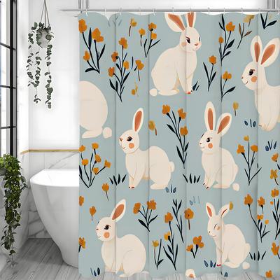 Blue Cute Bunny Shower Curtain Fun Bunny Flower Shower Curtain for Kids Adults Suitable Bathroom Decoration Shower Curtain Easte
