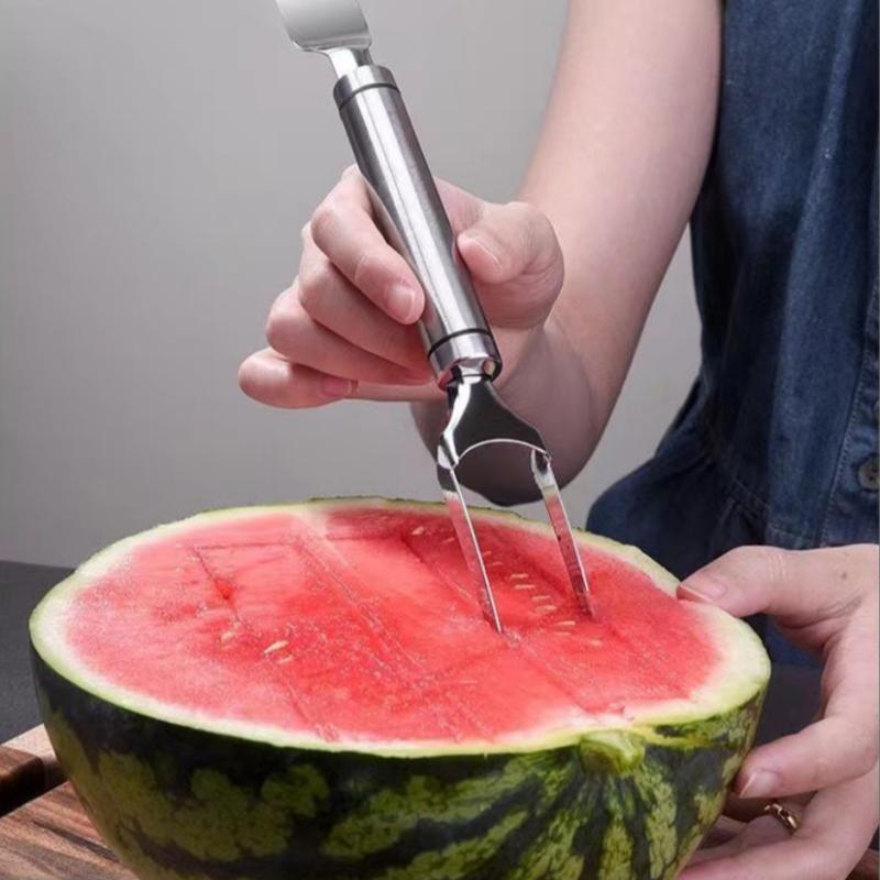 2-in-1 Stainless Steel Fruit Cutter,Dual Head Watermelon Fork Cutter Slicer Tool for Home Kitchen Gadget Melon Cube Cutter