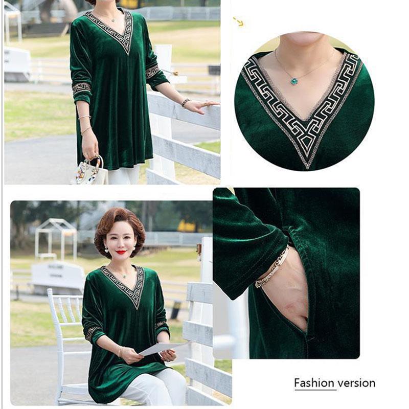 Women's Plus Size Blouse Loose V-Neck Velvet Blouse Spring Autumn Long Sleeve Velvet Pullover Top