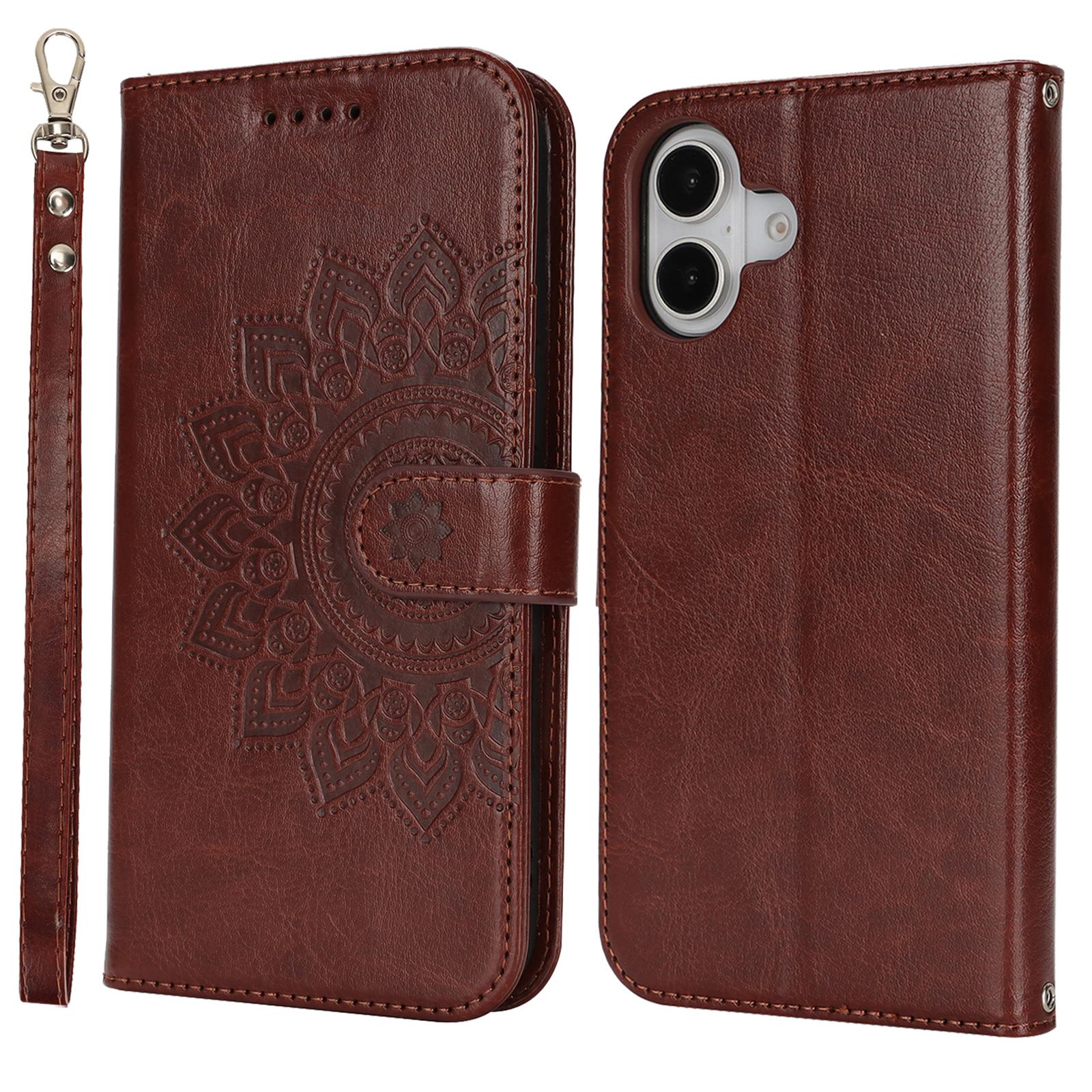 

Чехол-подставка для iPhone 16, текстурированный кожаный чехол-кошелек для телефона с ремешком Dark Brown