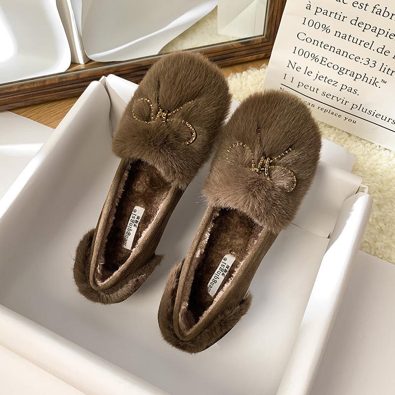 

Пушистые туфли на толстой подошве для осенне-зимней носки для женщин, бархатные для тепла и нескользящие, хлопковые туфли-лодочки из кроличьего меха для беременных, 43 хаки