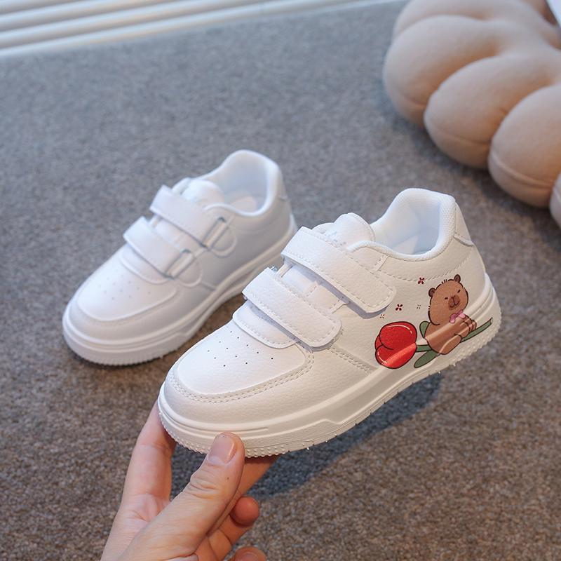 

Fashion Girls White Shoes Boys Casual Sneakers with Cartoon Capybara Prints Non-slip Classic Kids Sports Skate Shoes Size 21-38 37