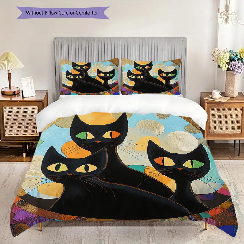 Black Cat Pattern Bedding Quilt Set Quilt Cover Pillowcase Home Decoration Birthday Gift (1 * Duvet Cover + 2 * Pillowcase, Without Core)