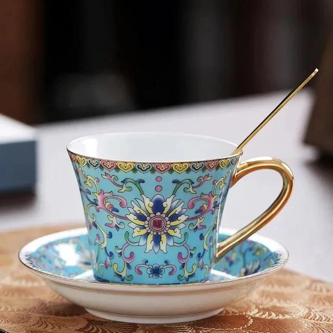 European Enamel Ceramic Coffee Cup & Saucer Set, Elegant Afternoon Tea Cup Set Blue