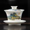 Light luxury imitation hand-painted suet jade porcelain Sancai cover bowl Kung Fu tea set single tea cup tea bowl pure handmade boutique
