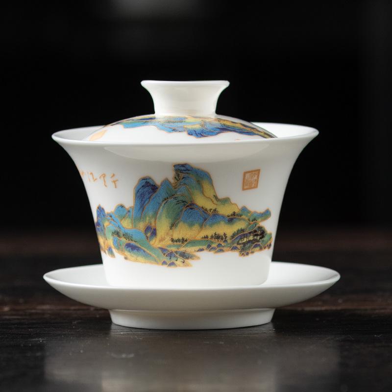 Light luxury imitation hand-painted suet jade porcelain Sancai cover bowl Kung Fu tea set single tea cup tea bowl pure handmade boutique