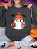 Cute Ghost Bat Pumpkin Prints Halloween Sweatshirt Women Winter Fleece Warm Hoodie Crewneck Loose Pullover Casual Soft Clothes