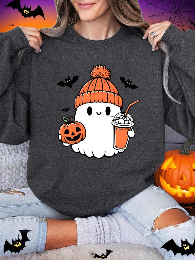 Cute Ghost Bat Pumpkin Prints Halloween Sweatshirt Women Winter Fleece Warm Hoodie Crewneck Loose Pullover Casual Soft Clothes