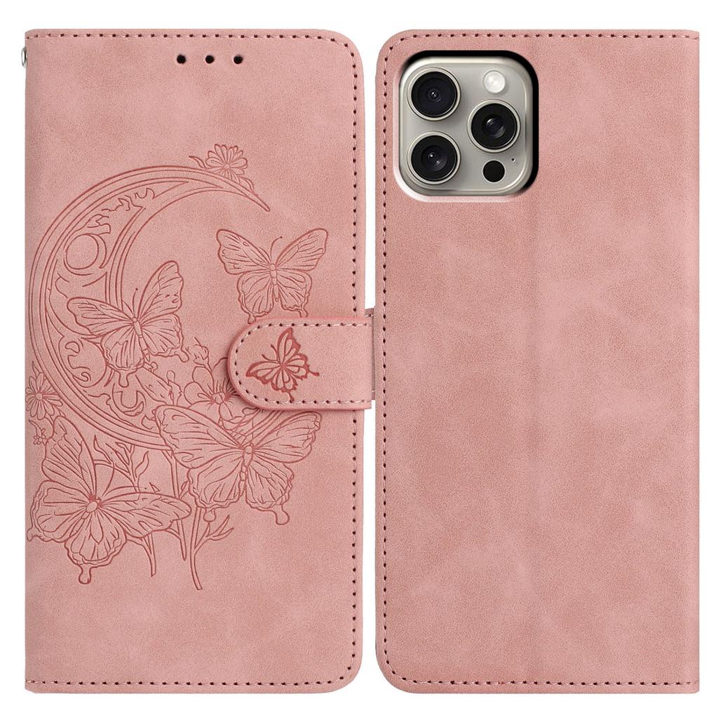 For iPhone 15 Pro Max Case Butterfly Flower Imprinted PU Leather Wallet Stand Phone Cover