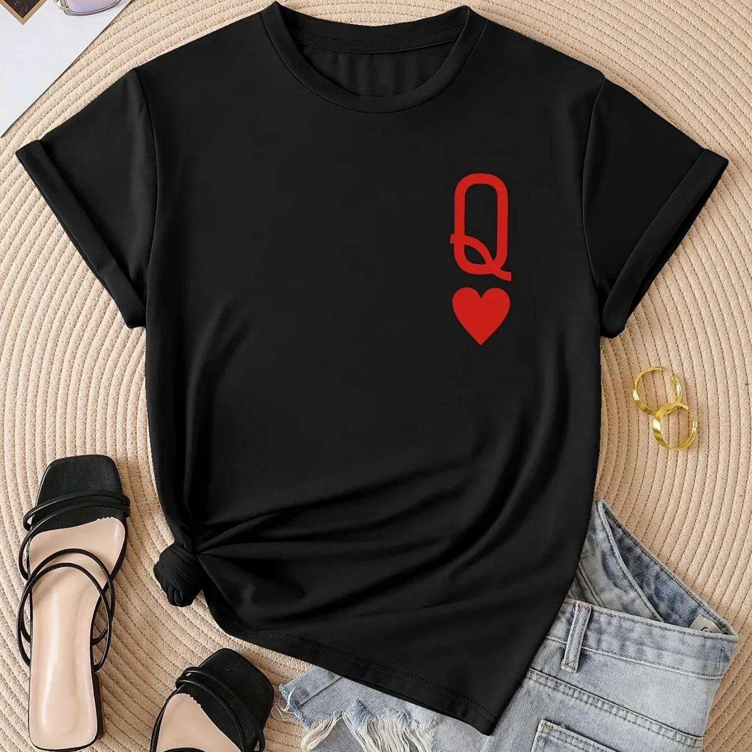 

Круглая футболка с принтом Q&Heart для весны_лета, короткий рукав, одежда для S чёрный
