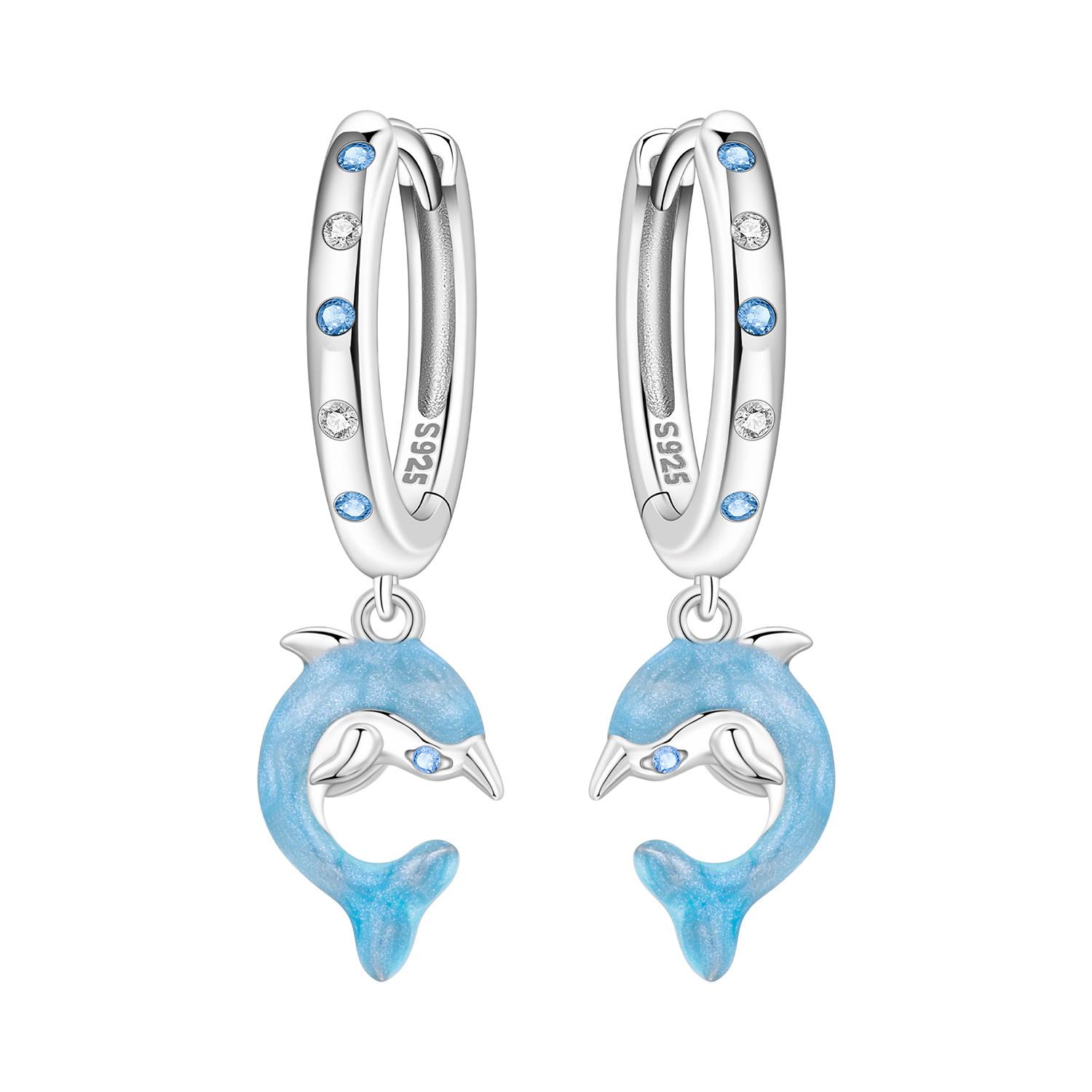 925 Silver Blue Dolphin Ocean Animal Drop Earrings Women Earrings Charm Trendy Jewelry Wedding Anniversary Gifts
